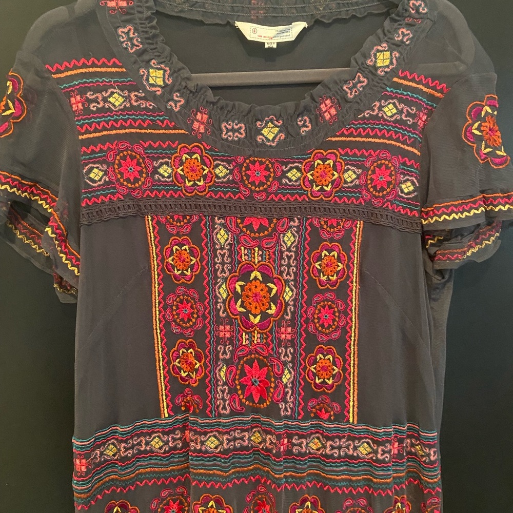Embroidered Boho Short-Sleeve Dress - Black with Pink & Orange Accents